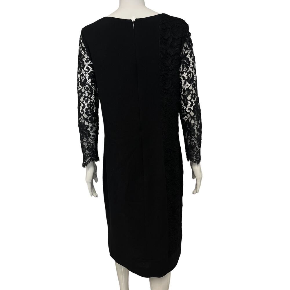 OSCAR DE LA RENTA Black Wool Trim Floral Lace Long Sleeve Midi Dress Size 12 - Picture 2 of 5